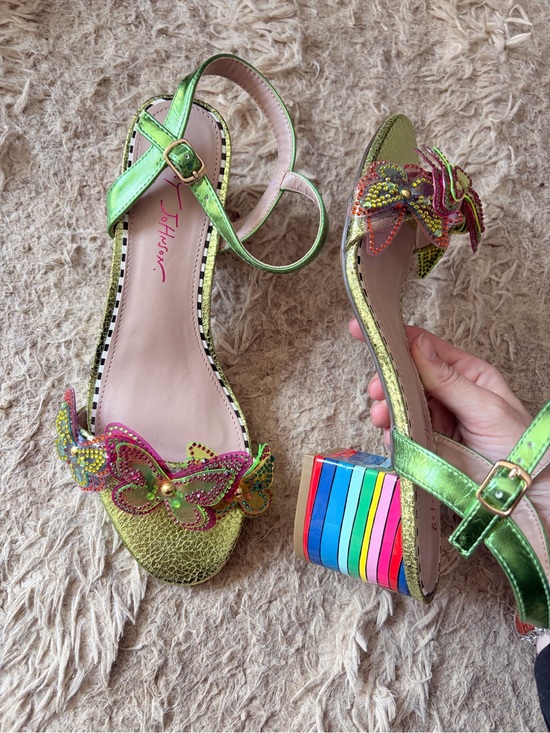 Betsey Johnson Shoes - Betsey Johnson Green Butterfly Embellished Block Heels with Rainbow Striped Heel